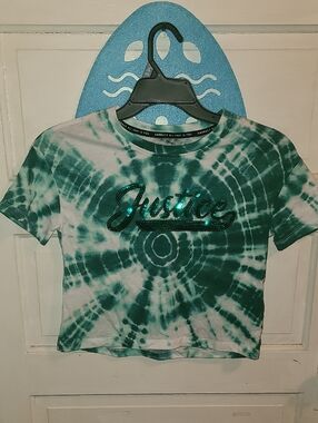 Justice Girls' Teal & White Tie-Dye Logo Tee